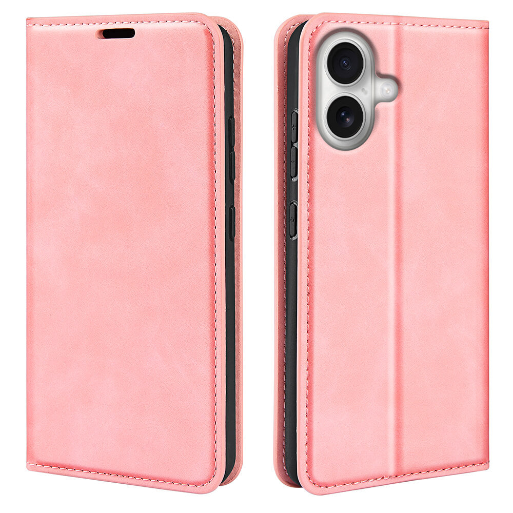#farbe_rosa|Zwei Ansichten des Cover-Discount iPhone 17 - Stand Flip Case Hülle in rosa Leder: eine geschlossen, eine mit der Rückseite mit Kameraausschnitten.