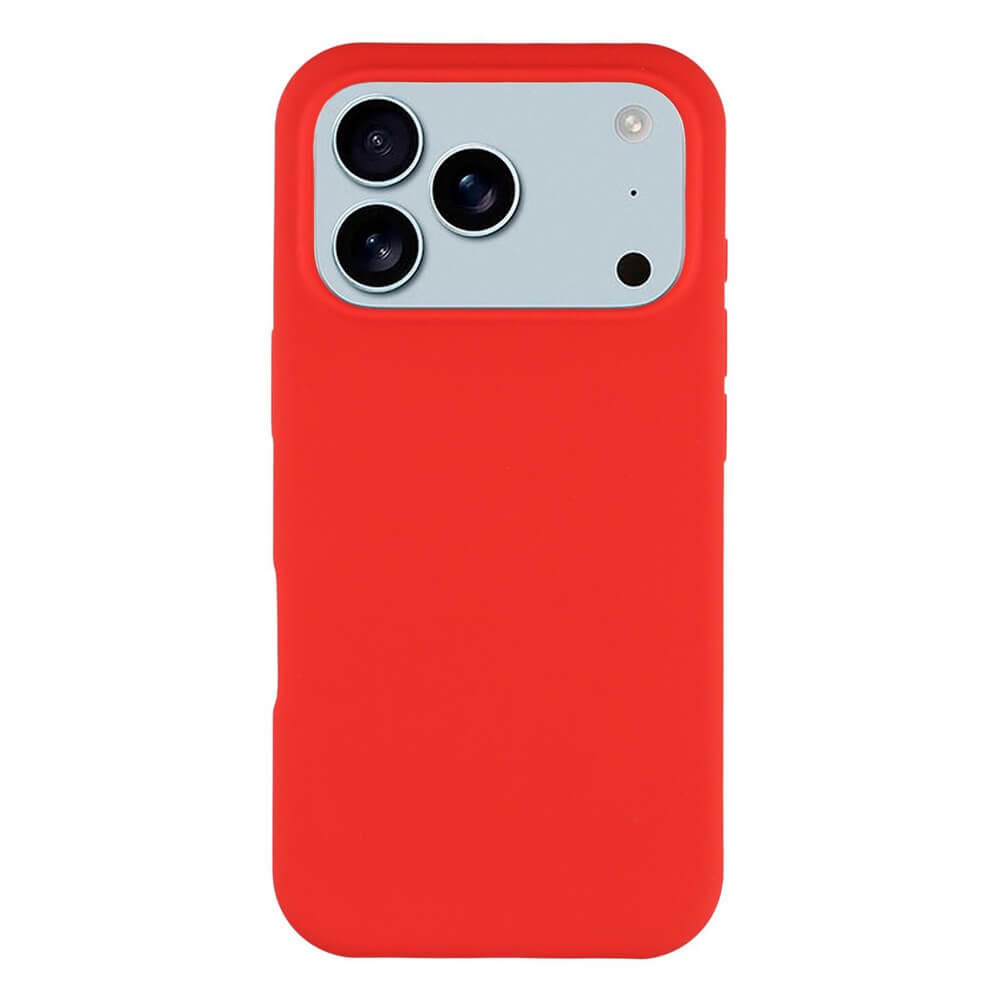 #farbe_rot|Die iPhone 17 Pro Max - Solide Silikonhülle von Cover-Discount ist in Rot und bietet schlanken Schutz für Ihr Gerät mit drei rückseitigen Kameras und Blitz.