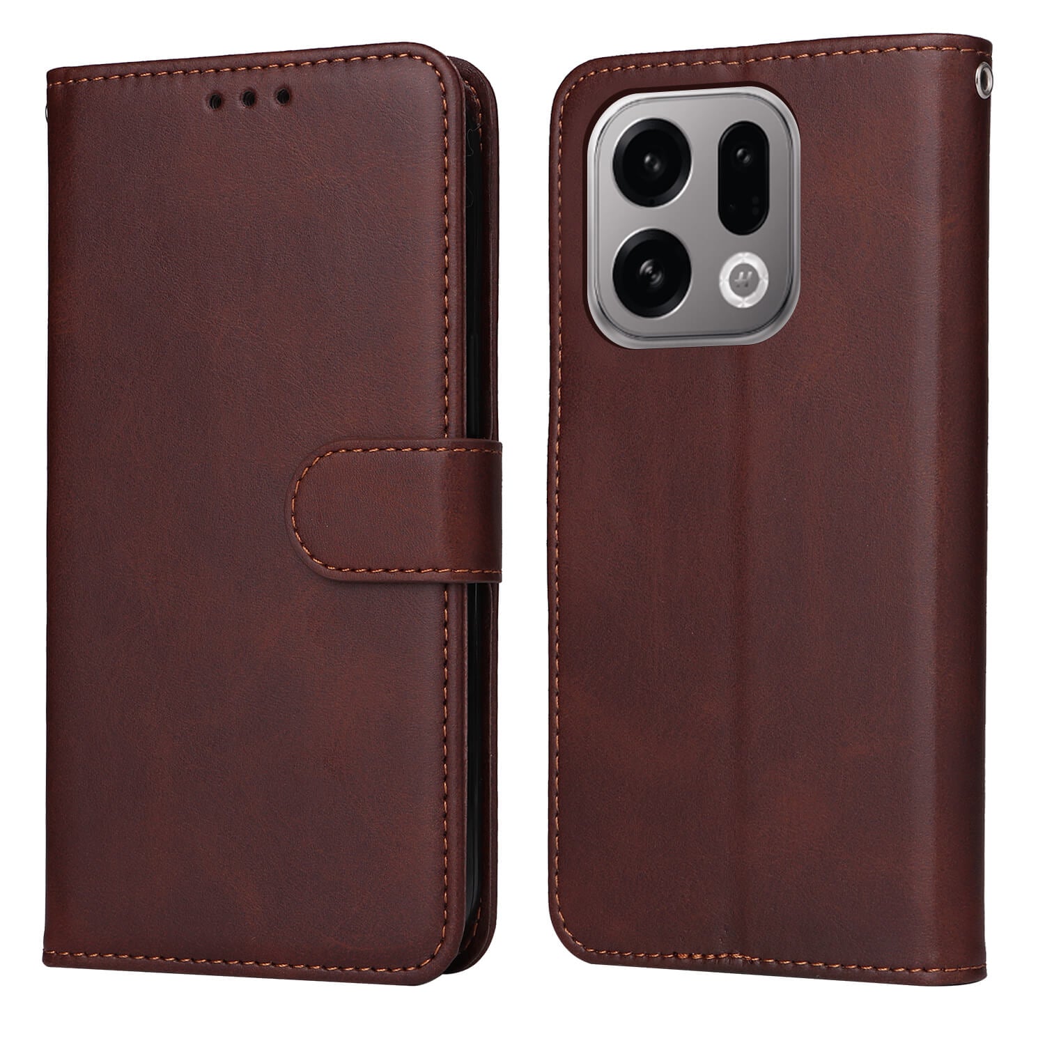 Cover-Discount OPPO Find X9 - Premium Handyhülle Etui: Braun, aus PU-Leder, mit Kameraausschnitt, Druckknopfverschluss und praktischen Kartenfächern - Vorder- und Rückansicht geschlossen.