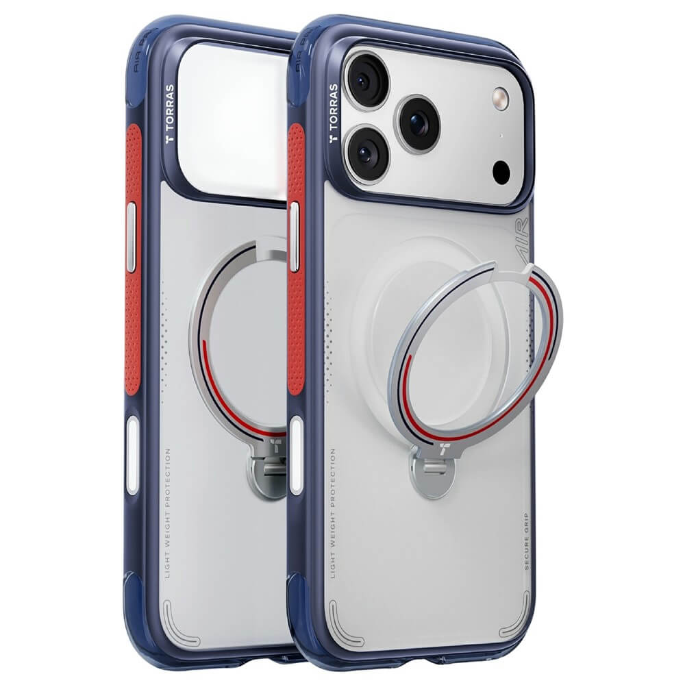 Zwei Smartphones in blauen und durchsichtigen Schutzhüllen mit roten Akzenten und silbernen Ständern auf der Rückseite.