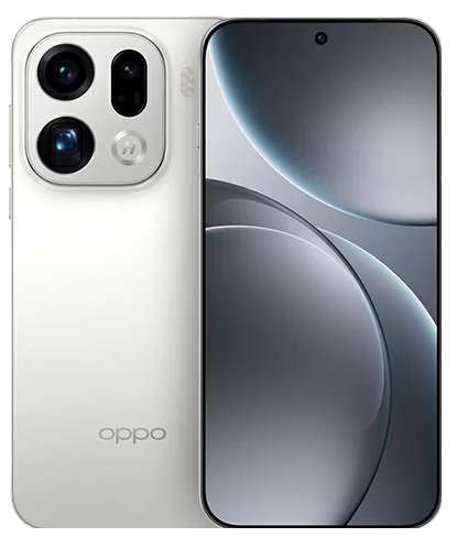 Ein weißes Oppo-Smartphone, das die Rückseite mit drei Kameras und die Vorderseite mit einem abstrakten Hintergrundbild zeigt.