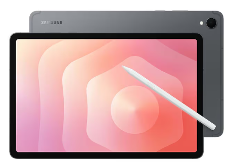 Ein Samsung-Tablet mit einem Eingabestift, der ein rosa abstraktes Muster auf dem Bildschirm zeigt.
