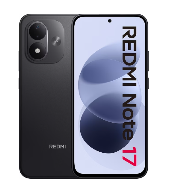 Ein schwarzes Redmi Note 17-Smartphone, auf dem der Bildschirm auf der Vorderseite und das Kameramodul auf der Rückseite zu sehen sind.