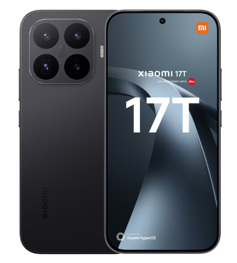 Das Xiaomi 17T-Smartphone in Schwarz, von vorne und hinten. Auf der Vorderseite ist „Xiaomi 17T“ zu sehen, und auf der Rückseite befindet sich eine Dreifachkamera mit Leica-Logo und einem abgerundeten, quadratischen Kameramodul.