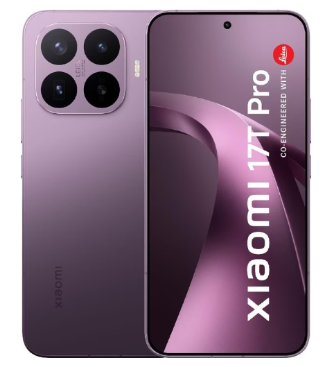 Vorder- und Rückansicht eines violetten Xiaomi 17T Pro-Smartphones mit großem Display und einem Rückkamera-Modul mit vier Objektiven und einem Leica-Logo.