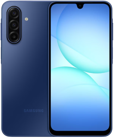 Ein blaues Samsung-Smartphone, das den vorderen Bildschirm und die dreifache Rückkamera zeigt.