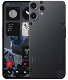 Ein schwarzes Smartphone mit strukturierter Rückseite und drei rückwärtigen Kameras, dargestellt von vorne und hinten.