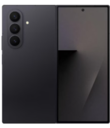 Ein schwarzes Smartphone mit drei rückwärtigen Kameras und einem großen, dunklen Display, das von hinten und vorne gezeigt wird.