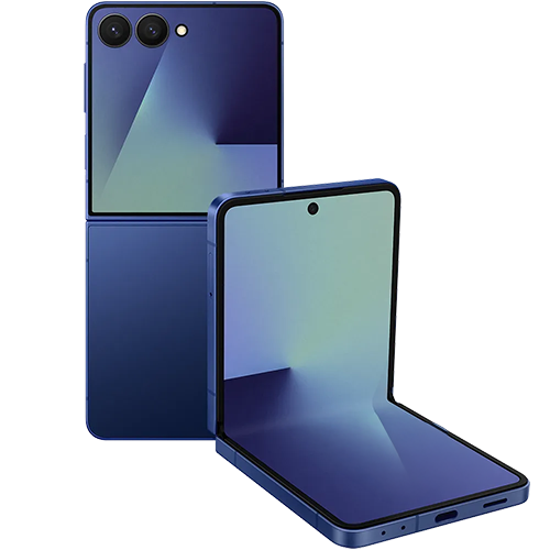 Zwei blaue faltbare Smartphones, eines offen und eines geschlossen, mit reflektierenden Bildschirmen und zwei rückwärtigen Kameras.