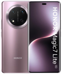Ein rosafarbenes HONOR Magic 7 Lite 5G-Smartphone mit Frontdisplay und rückseitigem Kameramodul.