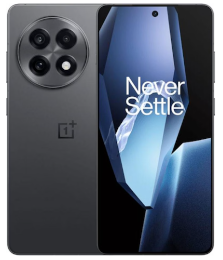 Ein schwarzes OnePlus-Smartphone mit drei Rückkameras und „Never Settle“ auf dem Bildschirm.