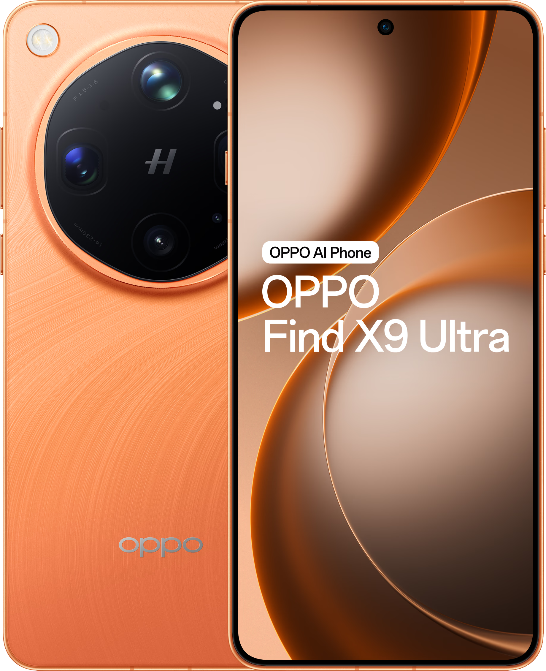 Orange OPPO Find X9 Ultra Smartphone zeigt seine hintere Kamera und Front-Display mit Produktnamen.