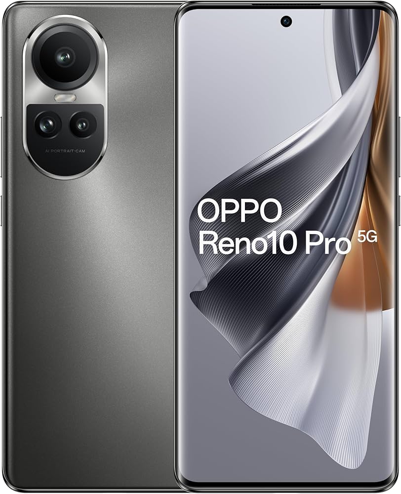 OPPO Reno10 Pro 5G Smartphone in grau, zeigt sowohl die Rückseite als auch die Vorderseite mit Logo und Modellbezeichnung.