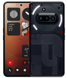 Ein Smartphone mit transparenter Rückseite und beleuchteter Kamera, das einen benutzerdefinierten Widget-Startbildschirm anzeigt.
