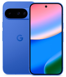 Blaues Smartphone mit Display auf der Vorderseite mit buntem Hintergrundbild und Rückansicht mit drei Kameralinsen.