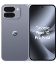 Das graue Google Pixel 10 Pro Fold-Smartphone wird geöffnet gezeigt und zeigt den vorderen Bildschirm und die hinteren Kameras.