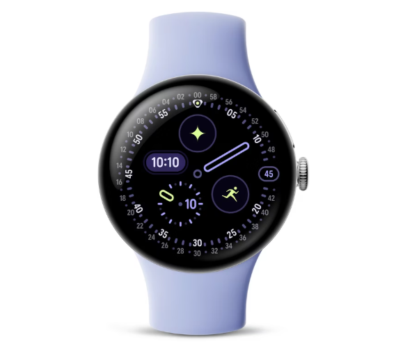 Smartwatch mit rosa Armband, das Fitnessstatistiken anzeigt und eine Digitaluhr mit der Uhrzeit 10:10 anzeigt.