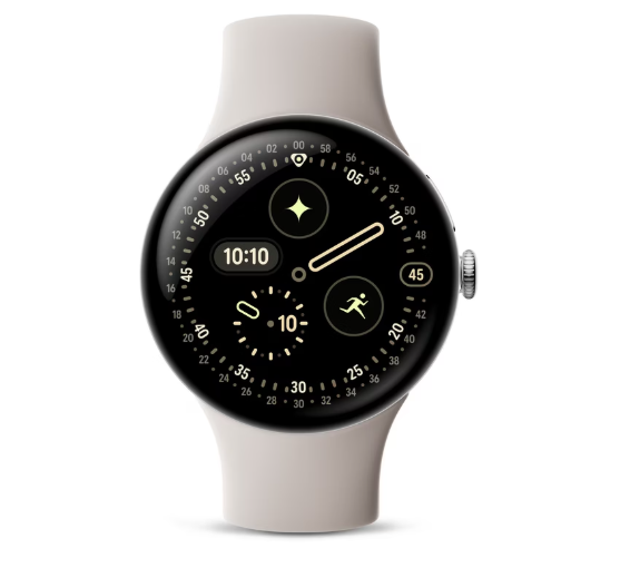 Eine schwarze Smartwatch, die Fitnessdaten und die Uhrzeit 10:10 auf einer leuchtend grün-schwarzen kreisförmigen Oberfläche anzeigt.