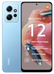 Das hellblaue Redmi Note 12 Smartphone zeigt die technischen Daten auf dem Bildschirm an, einschließlich Kamera und Schnellladefunktion.