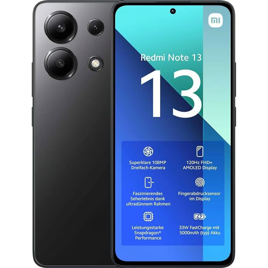 Vorder- und Rückansicht eines schwarzen Redmi Note 13-Smartphones mit Anzeige der Funktionen auf dem Bildschirm.