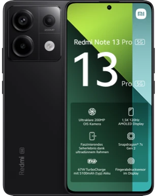 Schwarzes Redmi Note 13 Pro 5G Smartphone mit Kamerafunktionen und technischen Daten auf dem Bildschirm.