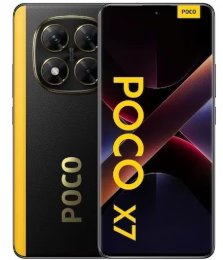 POCO X7 Smartphone in Schwarz und Gelb, mit der Kamera auf der Rückseite und dem Display auf der Vorderseite mit dem Text POCO X7.