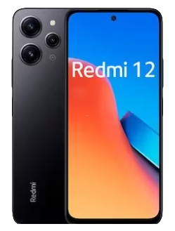 Schwarzes Redmi 12-Smartphone, Vorder- und Rückansicht, mit dem Display, das Redmi 12 in großer Schrift anzeigt.