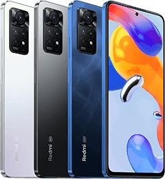 Drei Redmi-Smartphones in den Farben Weiß, Schwarz und Blau, die von der Vorder- und Rückseite gezeigt werden und einen bunten Bildschirm zeigen.