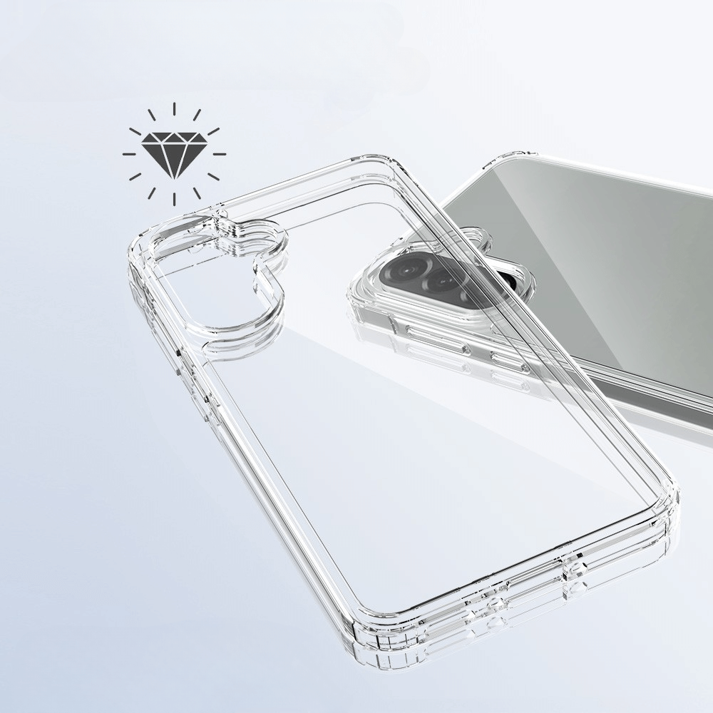 Transparente Handyhüllen, wie die JT Berlin Galaxy A56 5G - JT Pankow Clear Hülle, sind auf einer grauen Oberfläche gestapelt. Ein Diamantsymbol unterstreicht ihre stoßfeste TPU/Acryl-Verbindung für langlebige Qualität.