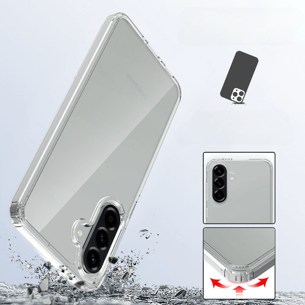 Die JT Berlin Galaxy A56 5G - JT Pankow Clear Hülle aus stoßfestem TPU/Acryl schützt zuverlässig vor Spritzwasser. Inset-Bilder zeigen die robusten Eigenschaften der Hülle und den umfassenden Schutz für Ihr Gerät.