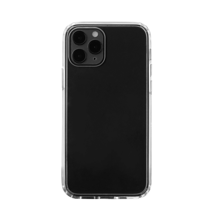 Ein schwarzes iPhone 13 mini / 12 mini in einem JT Berlin Pankow Clear Case mit drei rückwärtigen Kameras auf weißem Hintergrund - unterstützt kabelloses Aufladen und ist perfekt als iPhone 13 mini oder 12 mini Hülle.