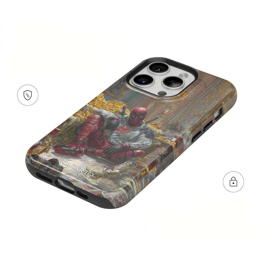 Die Casarto Handyhülle Deadrich von Cover-Discount für Galaxy S25 zeigt Deadpool auf einem Thron aus Gold. MagSafe-kompatibel, bietet diese stylische Hülle ultimativen Schutz - jetzt erhältlich für Ihr Galaxy S25 Ultra.