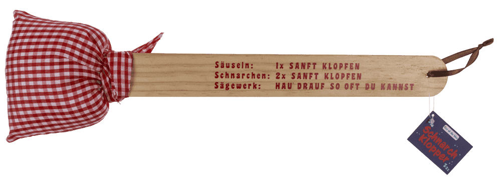 Lustiges Geschenk: Schnarchstopper Holz mit Kissen von Out of the blue, mit rotem, kariert gepolstertem Ende, deutscher Anleitung und Lederschlaufe am Griff.