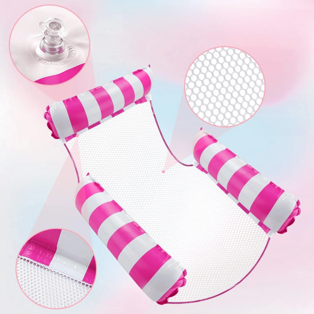 Die Cover-Discount Luftmatratzen Hängematte Wasser in rosa-weiß gestreift verfügt über ein praktisches 3-Kammer-Design, Mesh-Material und eine Nahaufnahme des Ventils.
