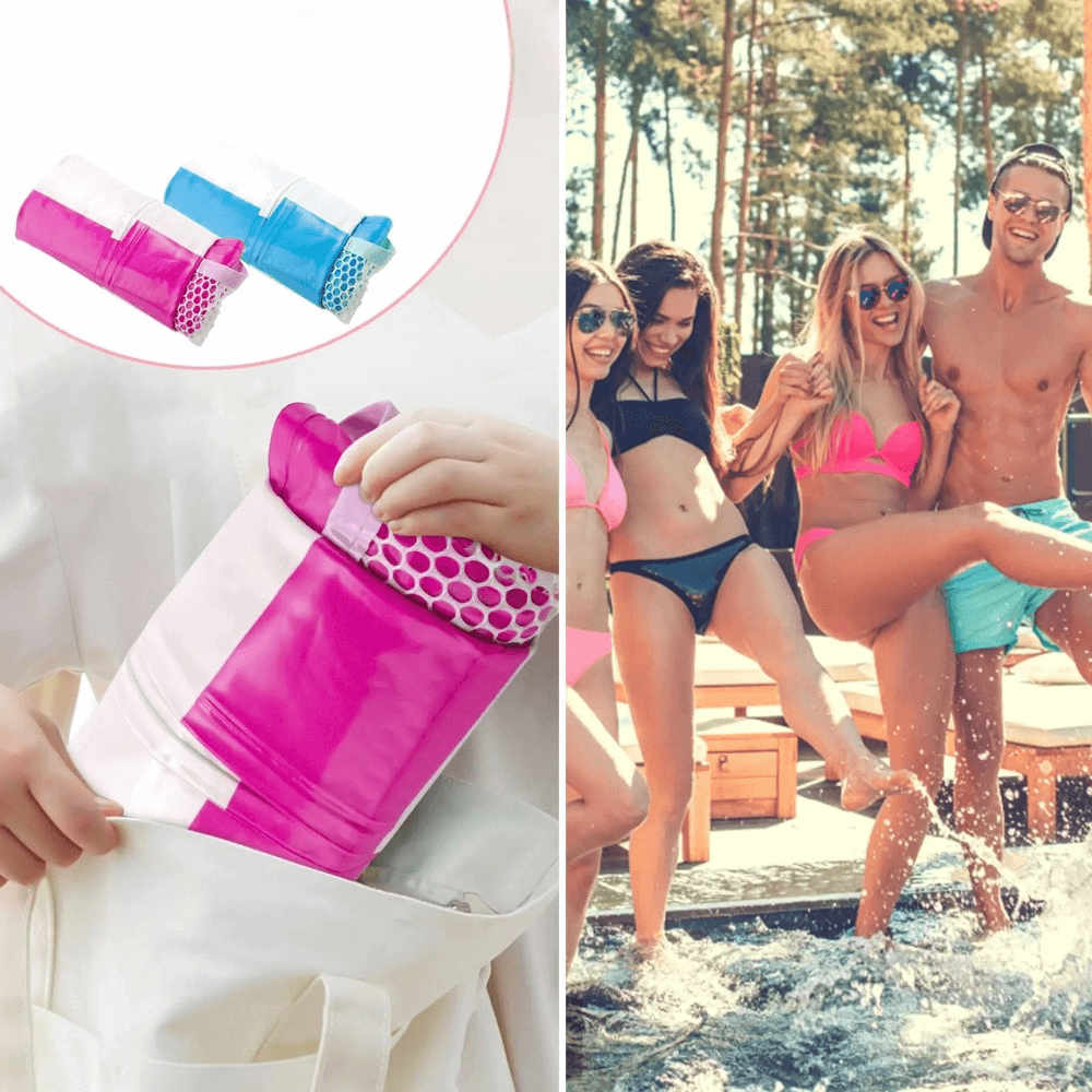 Eine Frau packt eine gefaltete rosa Luftmatratzen-Hängematte Wasser von Cover-Discount in ihre Tasche, während Freunde auf einer davon im Pool in der Nähe entspannen.