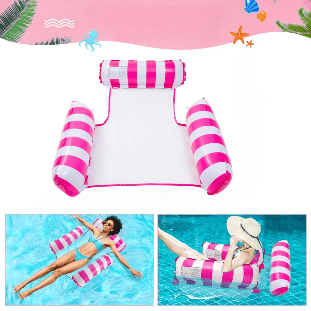 Die Cover-Discount Luftmatratzen Hängematte Wasser ist eine rosa-weiß gestreifte aufblasbare Poolmatratze mit 3-Kammer-Design, auf der Frauen im Wasser entspannen.