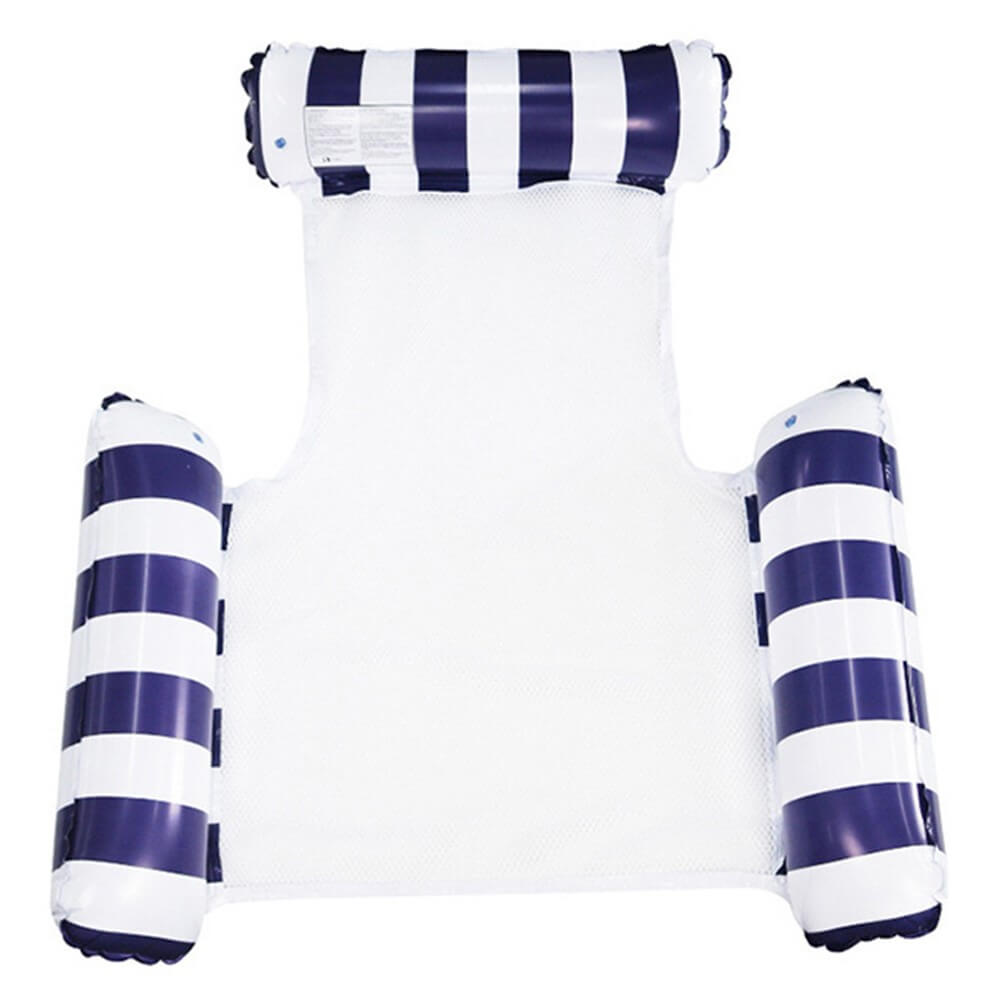 #farbe_dunkelblau|Die Luftmatratzen-Hängematte Wasser von Cover-Discount hat marineblaue und weisse Streifen, eine weisse Netzmitte und ein praktisches 3-Kammer-Design – perfekt als aufblasbare Schwimmhilfe oder Wasserhängematte zum Entspannen auf dem Wasser.