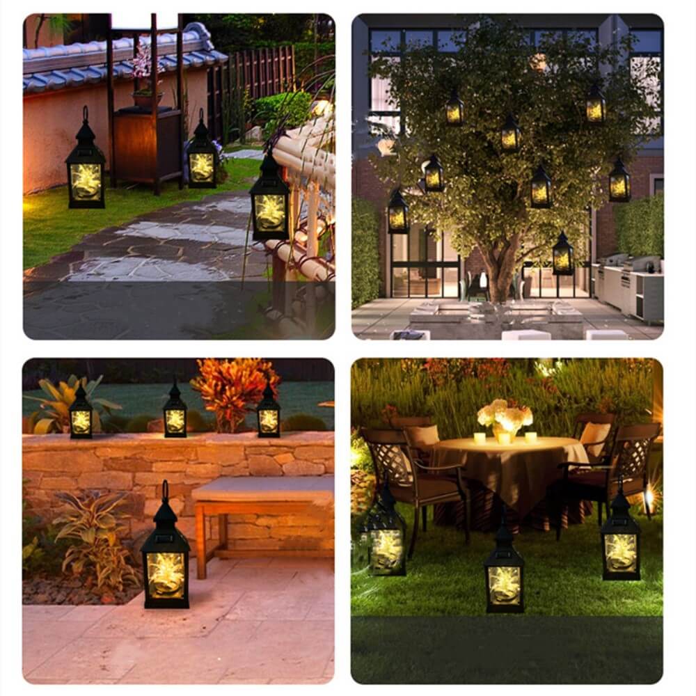Vier Aussenszenen mit der Cover-Discount Solar-Tischlampe LED Laterne, die Gehwege, Gärten, einen Esstisch auf der Terrasse und einen Baum beleuchtet – alles leuchtet in warmweißem Licht.