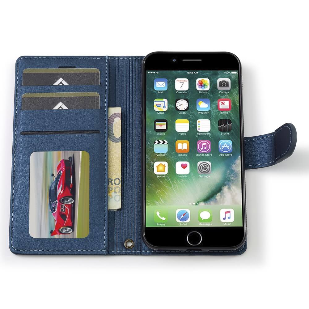 Die abnehmbare 2-in-1-Brieftaschenhülle LC.IMEEKE für das iPhone SE/8/7 ist blau und verfügt über Kartenfächer, zeigt App-Symbole und ein Autofoto an und unterstützt kabelloses Laden.