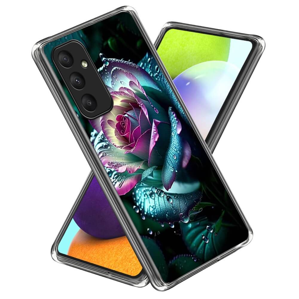 Zwei Smartphones zeigen farbenfrohe florale und abstrakte Hintergründe, darunter eine lebendige Rose mit Wassertropfen, stilvoll geschützt durch die Cover-Discount Galaxy A35 - Cover Handyhülle mit stilvollem Motiv für einen einzigartigen und eleganten Look.