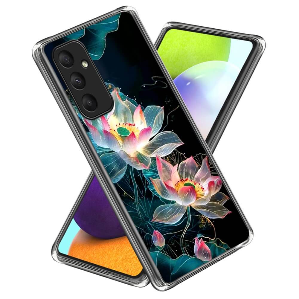 Zwei Smartphones mit floralen Hüllen, darunter die Galaxy A35 Cover Handyhülle mit stilvollem Motiv von Cover-Discount, sind in einem Kreuzmuster angeordnet.
