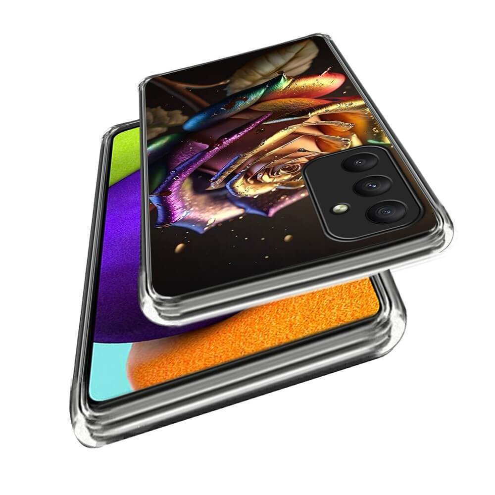 Zwei Galaxy A35-Smartphones mit Cover-Discount Handyhüllen im stylischen IMD-Design - eines davon mit einem leuchtenden Rosenmotiv - werden ineinander gestapelt.