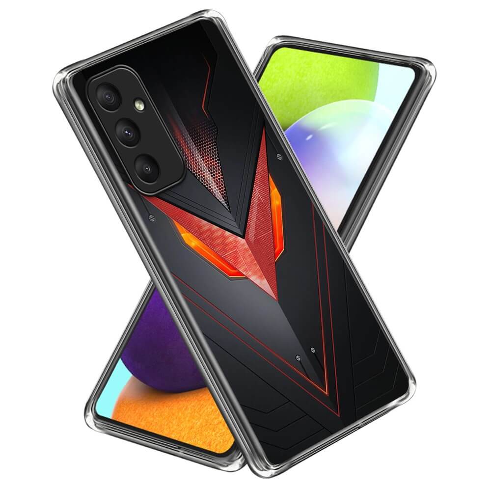 Zwei Galaxy A35 Smartphones in schwarz, rot und orange geometrisch IMD Cover Hüllen von Cover-Discount kreuzen sich in einer X-Form - eine ideale Wahl für alle, die ein stilvolles Motiv mit der Galaxy A35 - Cover Handyhülle suchen.