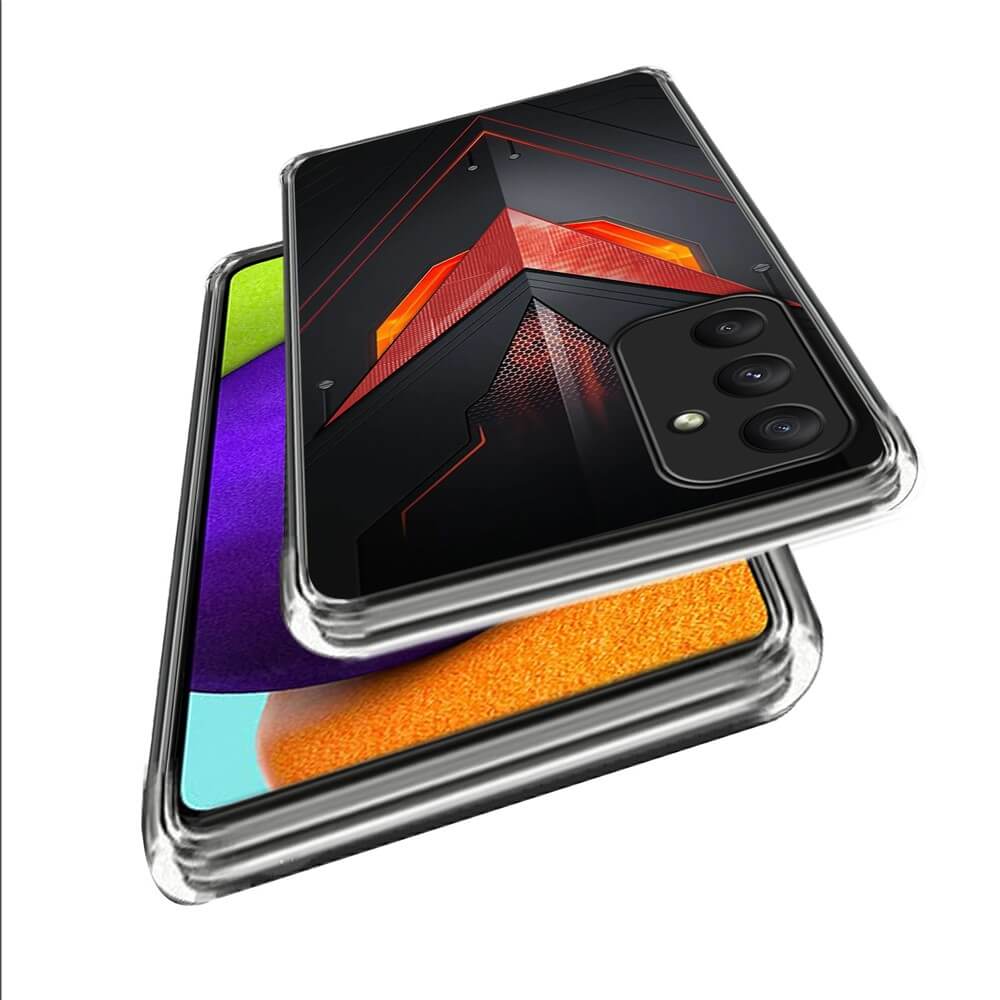 Zwei Smartphones mit transparenten Handyhüllen von Cover-Discount: Das eine zeigt ein leuchtendes Display, das andere die Galaxy A35-Hülle mit einem stylischen Gebäude-Design-Motiv.