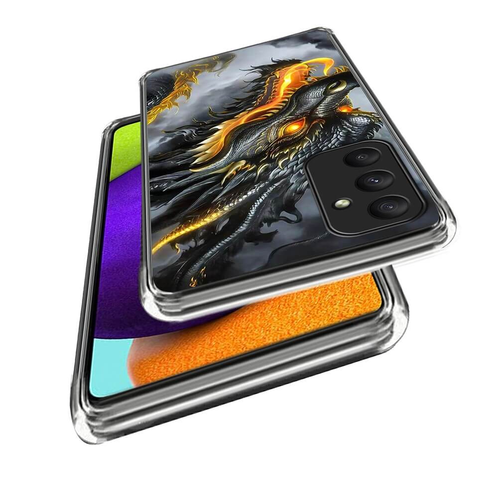 Die Cover-Discount Galaxy A35 - Cover Handyhülle mit stilvollem Motiv kombiniert transparenten Schutz mit auffälligem Drachenmotiv in Orange und Schwarz für einen einzigartigen Look.