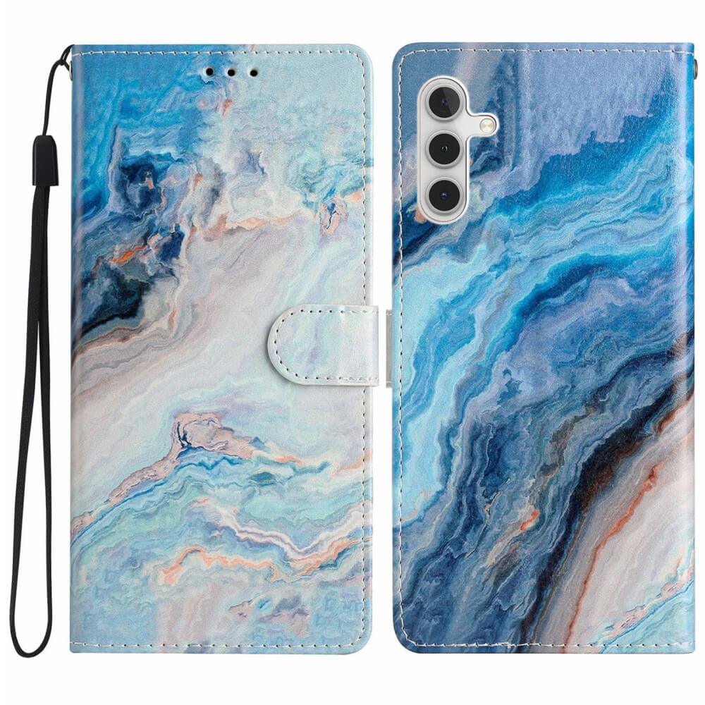 Cover-Discount Galaxy A36 5G Tasche Hülle mit Motiv, blaues Marmor-Design, Rundum-Schutz, praktischer Handgelenkriemen, offen und geschlossen präsentiert mit abstrakten Wirbeln.