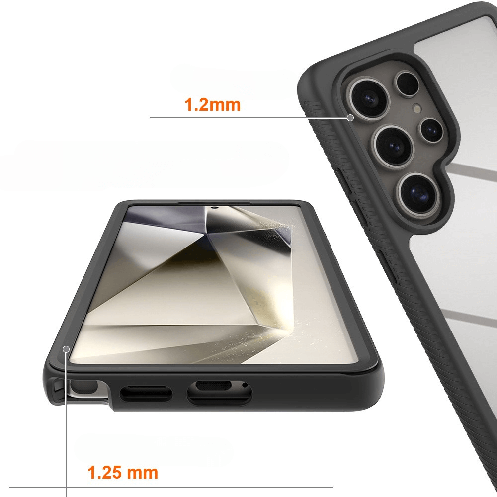 Die Cover-Discount Galaxy S25 Ultra - Full Protection Schutzhülle in Schwarz und Grau bietet erhöhte Kanten – 1,2 mm an der Kamera und 1,25 mm am Bildschirm – für hervorragenden Schutz.