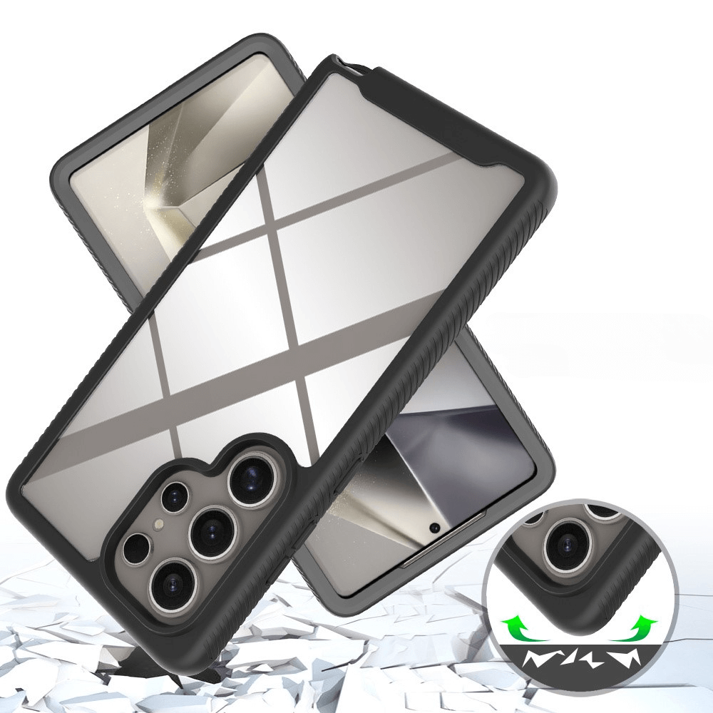Die Cover-Discount Galaxy S25 Ultra – Full Protection Schutzhülle ist eine reflektierende transparente Hülle mit schwarzen Rändern auf einer rissigen Oberfläche mit eingelegten Kameradetails, die sowohl Stil als auch Schutz bietet.