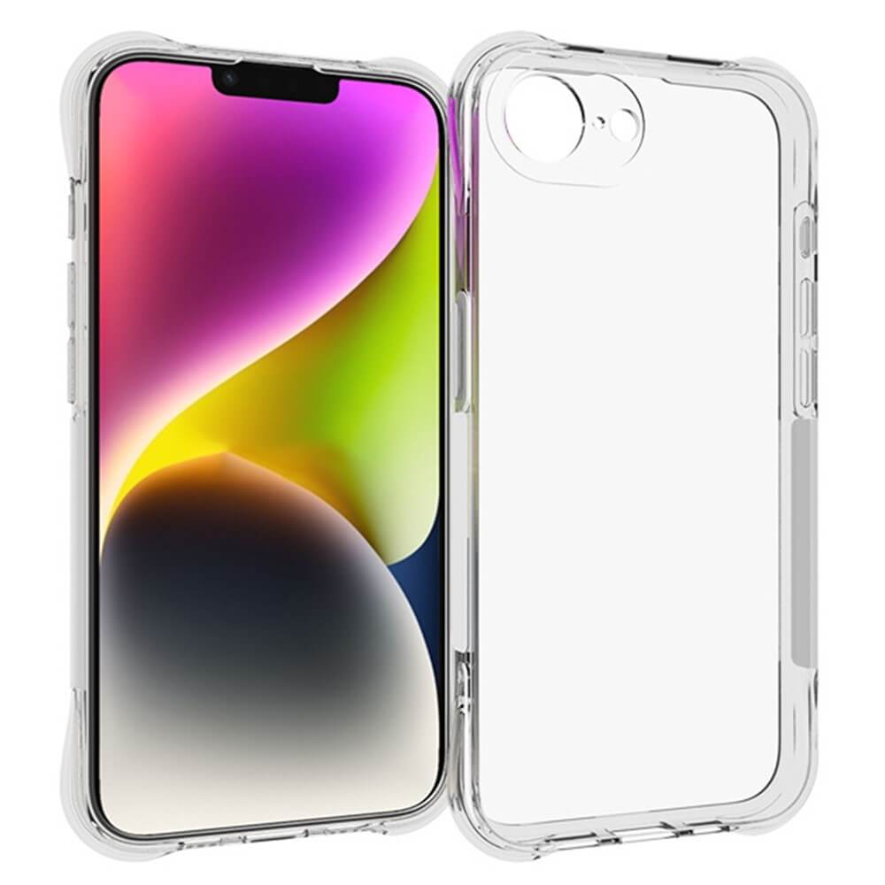 An iPhone 16e boasting a vibrant display is paired with a transparent Drop Protection Silikon Case against a pristine white background.