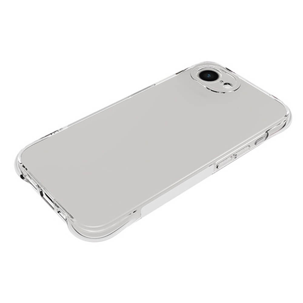 The iPhone 16e - Drop Protection Silikon Case elegantly envelops the phone, displaying its sleek design and offering clear protection. Photographed at an angle on a white background, the case combines style with durability.